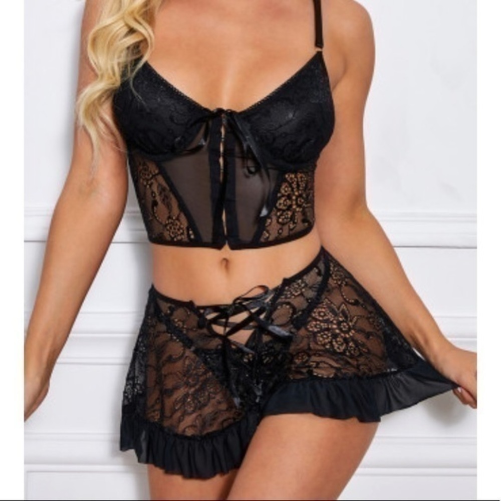 3 piece floral lace skirt set negligee black lingerie NEW